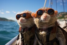  Two Ferrets Wearing Goggles And Backpacks On A Boat In The Middle Of A Body Of Water.