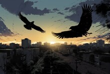  Two Birds Flying In The Air Over A City At Sunset With Buildings In The Foreground And The Sun In The Distance.