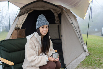 Sticker - Woman go camping site in the winter time