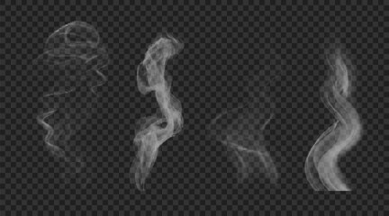 set of vector realistic white wavy steam. hookah and cigarettes smoke isolated on transparent backdr