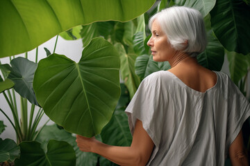 Wall Mural - an elderly beautiful woman with white hair stands with her back against the background of large leaves in a greenhouse