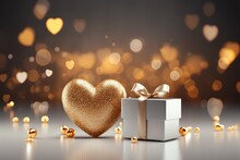  a white gift box with a gold bow and a heart shaped box with a golden bow on a shiny surface.