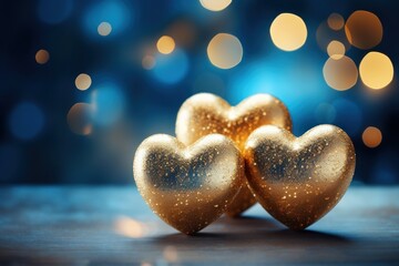  two gold hearts sitting on top of a wooden table next to a blue and yellow boke of lights in the background.