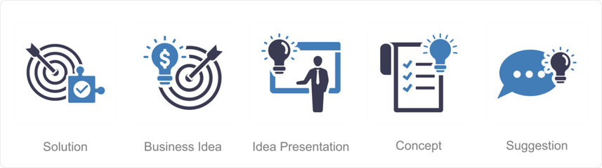 A set of 5 Idea icons as solution, business idea, idea presentation