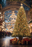 Fototapeta  - Christmas tree adorned with sparkling lights and shimmering ornaments in shop. Christmas Mall Ambience with Blurred Background. Merry Christmas and Happy New Year. Generative AI