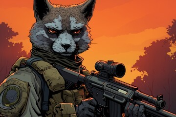 Wall Mural -  a drawing of a wolf with a gun in his hand and a scarf around his neck, with trees in the background.