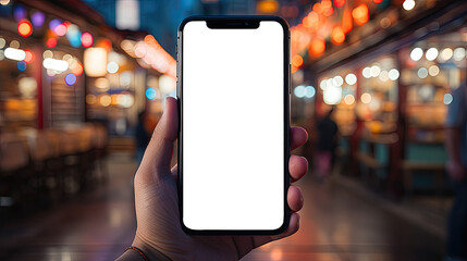 Woman's Hand holding smartphone, Mockup hand. Phone screen for Infographic Global Business website design. on blurry background
