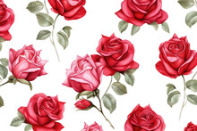 Red Roses With Buds And Petals Watercolor On White Background, Valentines Day Concept