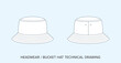 Bucket Hat Technical Drawing, Headwear Blueprint for Fashion Designers. Detailed Editable Vector Illustration, Black and White Accessories Schematics, Isolated Background. 
