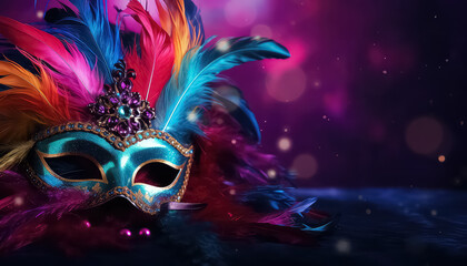 Mask with feathers on purple background ,concept carnival