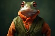  a close up of a frog wearing a sweater and a knitted sweater with an orange scarf around its neck.