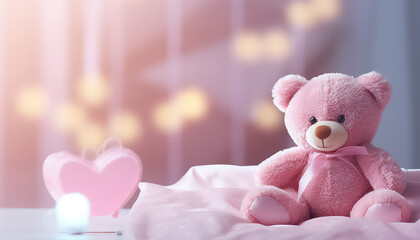 Wall Mural - Pink toy bear by the child's bed world cancer day concept