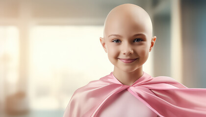 Wall Mural - Young girl in pink superhero costume world cancer day concept