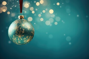  a blue and gold christmas ornament hanging from a red ribbon on a blue background with boke of lights.