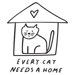 Wall Mural - Every cat needs a home. Cute cat sit at home. Vector outline illustration. Graphic design.