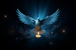 Holy spirit dove and lit candle on blue background. Baptism holiday invitation, holiday advent candle. God Bless You. All Saints' Day Greeting card or banner with copy space 
