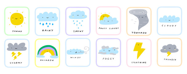  Set of weather forecast icons. Sunny, rainy, snowy, cloudy, tornado, stormy, rainbow, windy foggy, lightning, thunder. Cards for learning. Kids education concept. Vector hand drawn illustrations.