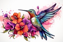Beautiful Tropical Bird On Exotic Flowers In Vintage Style, Hummingbirds On White Background. Elegant Tattoo Design