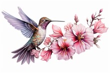 Beautiful Tropical Bird On Exotic Flowers In Vintage Style, Hummingbirds On White Background. Elegant Tattoo Design