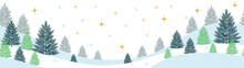 Vector Winter, Christmas Season Landscape. Long Background Or Banner With Spruce, Fir Or Noel Tree, Stars And Snow