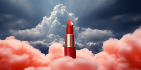 Canvas Print - vibrant red lipstick tube whimsical cloudscape