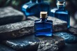 blue ,transparent  and rectangular shaped perfume bottle template , blue stones and bokeh background