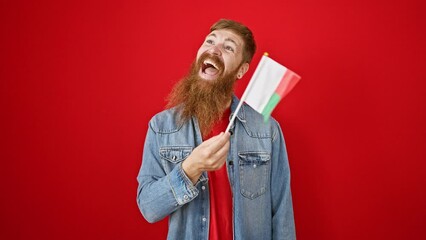 Wall Mural - Happy young redhead man, brimming with confidence and joy, casually standing, waving madagascar's flag over the backdrop of an isolated red wall. his cheerful smile radiating positivity.