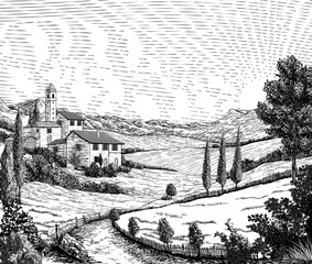 a landscape of rolling hills and sun in cloudy sky. original vintage rural farm or vineyard illustra
