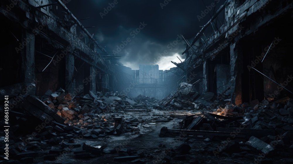 Inside a dark and dim abandoned or destroyed building. Crumbling ...