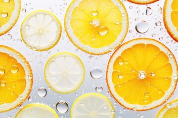 Wall Mural - Slices of fresh juicy oranges in water. Oange fruit cut texture. Citrus section pattern. Vibrant color summer design. Flat lay, top view