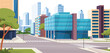 Urban landscape with a park, houses and shopping centers. City Street, Central Park. Vector illustration