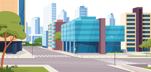 Wall Mural - Urban landscape with a park, houses and shopping centers. City Street, Central Park. Vector illustration