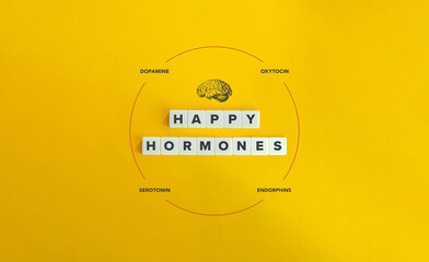 Wall Mural - Happy Hormones, Brain Chemistry, Positive Emotions Banner and Concept Image. Dopamine, Oxytocin, Serotonin, and Endorphins aka D.O.S.E. Letter Tiles on Yellow Background. Minimalist Aesthetics.
