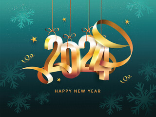 Sticker - 3D Golden 2024 Number Hang With Golden Ribbon Curvy, Stars And Snowflakes on Teal Background For Happy New Year.