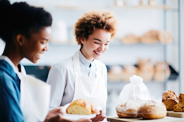 A diverse group of women enjoy the camaraderie of a modern cafe where they sell fresh produce.