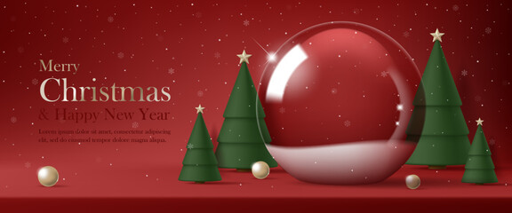 3d vector merry christmas product podium banner. glass snow ball, green tree, snowflake on red backg