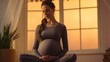 Woman performing yoga during pregnancy to prevent premature or late delivery. side view, breathwork concept, copy space