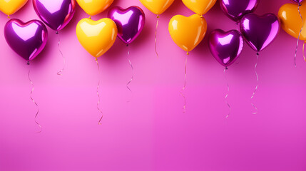 heart shaped, purple and yellow party balloons on a pink background