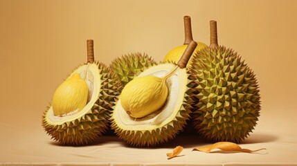 Wall Mural - durian_fruits_photorealism_style_on_beige_background