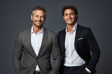 Wall Mural - Business partners posing in front of gray background, looking at camera and smiling
