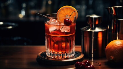 Glass of alcoholic beverage containing whisky, gin, liqueur and ice, a classic cocktail and aperitif for a celebration or party.