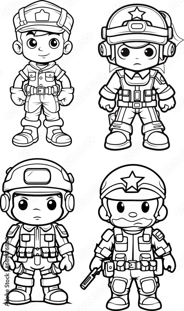 Soldier cartoon vector image, coloring page black and white Stock ...