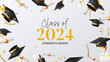 Congrats grads Class of 2024. Decorative banner for graduation 2024. Falling graduation scrolls and caps, golden confetti, serpentine. Vector illustration for social media, poster, degree ceremony.