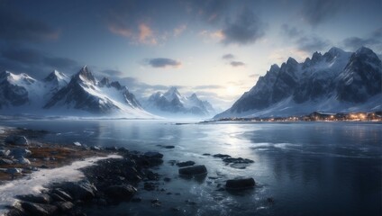 Canvas Print - Winter morning landscape with mountains, snow, and reflection in water
