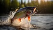 A powerful salmon leaps energetically from the sparkling river, showcasing its strength and agility against a backdrop of cascading water, symbolizing the vitality of nature and the thrill of fishing.