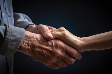 Senior and young person shaking hands on dark background. Generational support and respect.