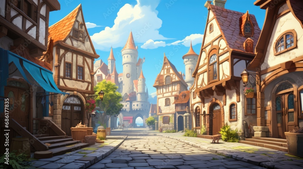 Quaint medieval town with cobblestone streets and charming houses ...