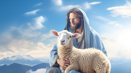 Jesus recovered lost sheep carrying it in his arms. Biblical story conceptual theme. religion, faith concept	