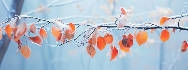 Wall Mural - Frozen branch with autumn leaves autumn winter background