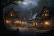 misty dusky forest  village warmly lit tavern stone